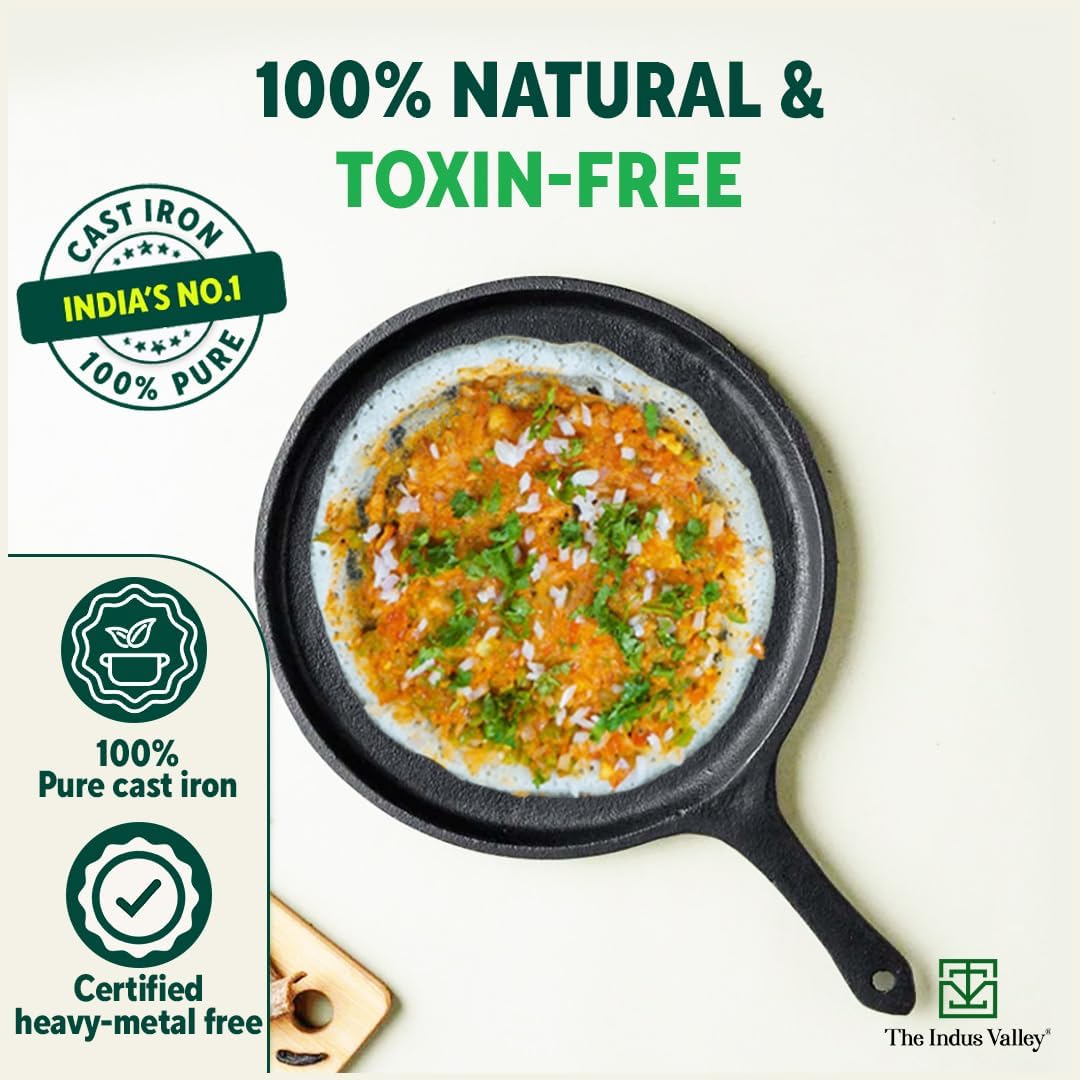 Pre-Seasoned Black Cast Iron Tawa With Free Wooden Spatula For Dosa, Chapathi - 25.7cm, 10.3 Inch, 2 Kg | Induction Friendly, Naturally Nonstick, 100% Pure & Toxin-Free, No Chemical Coating Pre-Seasoned Black Cast Iron Tawa With Free Wooden Spatula For Dosa, Chapathi - 25.7cm, 10.3 Inch, 2 Kg | Induction Friendly, Naturally Nonstick, 100% Pure & Toxin-Free, No Chemical Coating