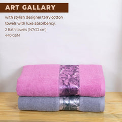 Rangoli 100% Cotton Fibre Bath Towels 1000 Gsm | Highly Durable & Absorbent With Printed Border | Quick Drying Towels (Pink & Grey) - Pack Of 2