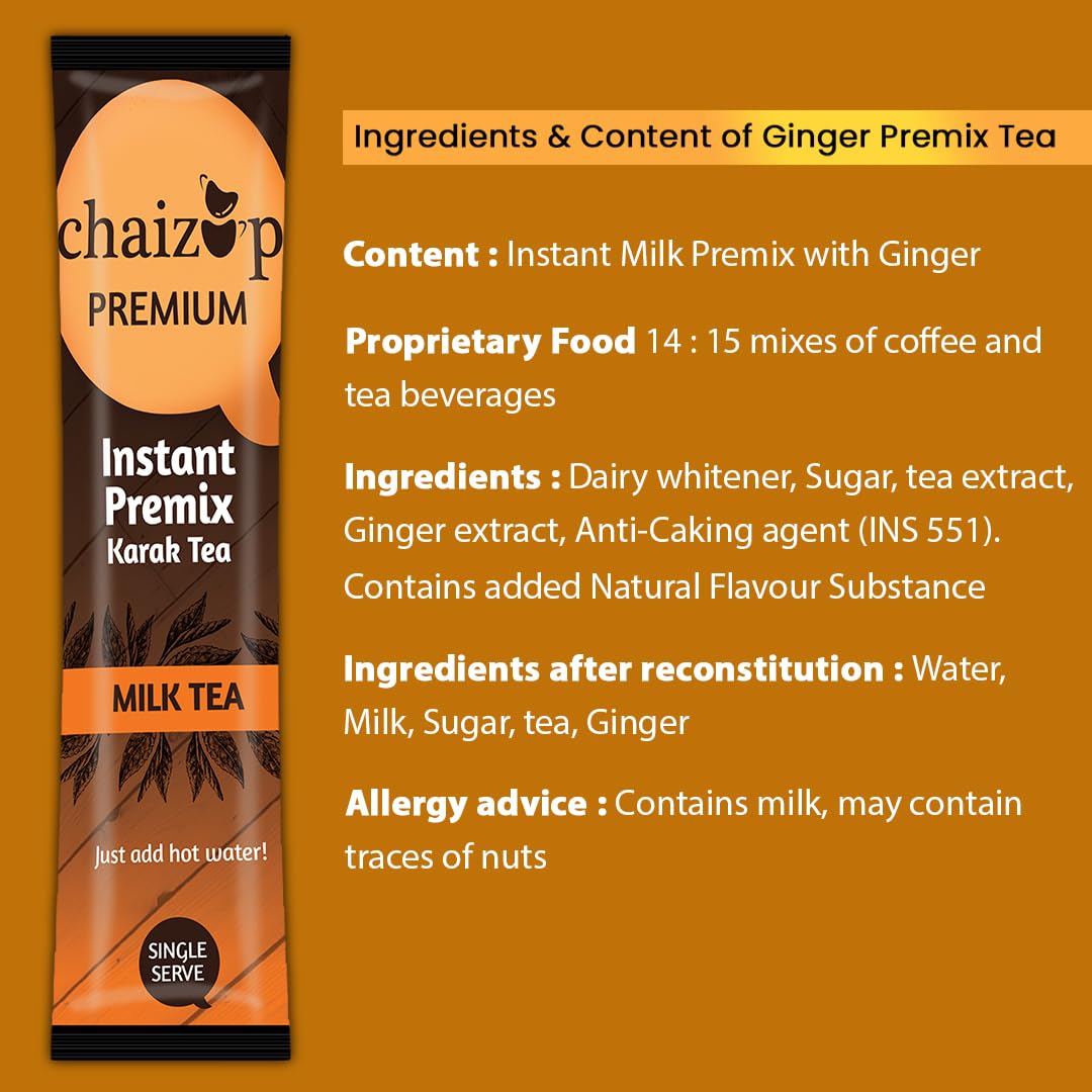 Chaizup Premium 1 Min Instant Ginger Tea Premix - Pack Of 2 X 140gm, 4.9 Ounce Each, 20 Sachets | Just Add Hot Water - Assam Adrak Chai Powder | Low Caffeine, No Added Color - Home Like Tea Chaizup Premium 1 Min Instant Ginger Tea Premix - Pack Of 2 X 140gm, 4.9 Ounce Each, 20 Sachets | Just Add Hot Water - Assam Adrak Chai Powder | Low Caffeine, No Added Color - Home Like Tea