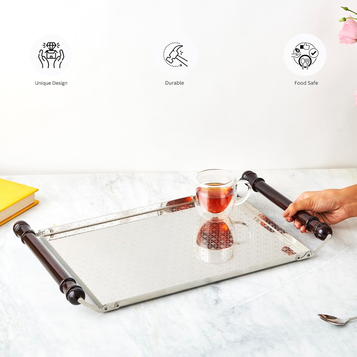 Designer Stainless Steel Serving Tray, Chrome & Black - Pink City Series | Corporate Gifting For Diwali - Premium Kitchen Hamper Dining Table Tray | Dishwasher Safe - Serve Ware & Tableware Designer Stainless Steel Serving Tray, Chrome & Black - Pink City Series | Corporate Gifting For Diwali - Premium Kitchen Hamper Dining Table Tray | Dishwasher Safe - Serve Ware & Tableware