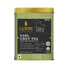 Luxmi Estates Earl Grey Black Tea - 100gm Tin, 3.5 Ounce, 50 Cups | USDA Organic Certified Tea - 100% Natural Bergamot Extracts | High Caffeine Loose Leaves Black Tea