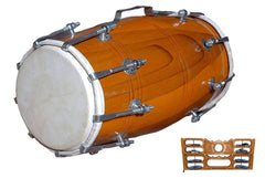 Wooden Nut & Rope Goat Skin Dholak With Khartal, Beautiful Shiny Color Orange Rag Design - Perfectly Symmetric Round Dholak | Dholak For Festival, Wedding, Satsang - Very Easy To Tune, Easy To Learn