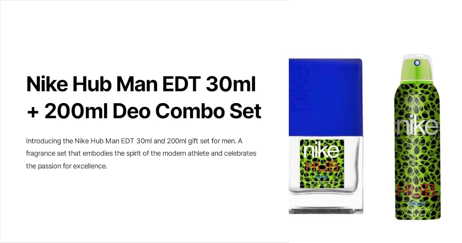 Nike Hub Eau De Toilette Deodorant 200ml 6.7 Fl.oz. & Eau De Toilette Long Lasting Perfume 30ml 1.0 Fl.oz. Pack Of 2 | Perfect Gift For Husband Nike Hub Eau De Toilette Deodorant 200ml 6.7 Fl.oz. & Eau De Toilette Long Lasting Perfume 30ml 1.0 Fl.oz. Pack Of 2 | Perfect Gift For Husband