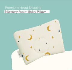 Premium Head Shaping Memory Foam Pillow, Moon & Stars Print - 33 X 23 X 4 Cm | Ultra-Soft & Breathable Fabric Pillow | Lightweight & Portable, Rectangle Deigns, Baby Pillow - 1 Piece