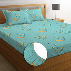 Elastic Fitted Printed King Size Double Bedsheet With 2 Pillow Cover - 78 X 72 Inches, Sea Green | Breathable Long Lasting Light Weight Wrinkle Free