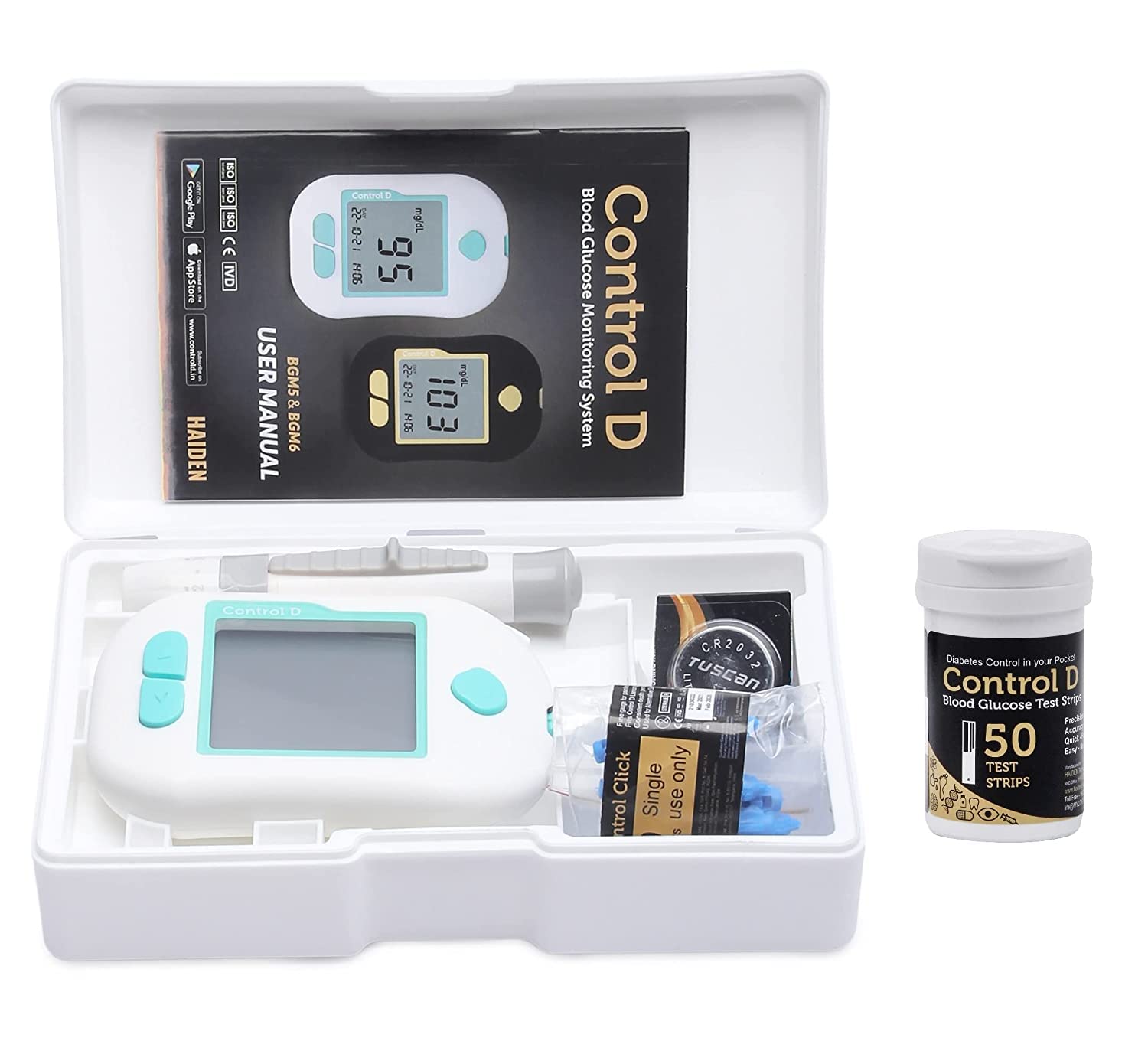 Control D Advanced Digital Glucose Blood Sugar Testing Monitor With 50 Strips Of Glucometer - White, Green Control D Advanced Digital Glucose Blood Sugar Testing Monitor With 50 Strips Of Glucometer - White, Green