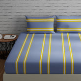 144 TC Double Bedsheet For Queen Size With 2 Pillow Covers - 88 X 96 Inches, Grey & Yellow | Printed Stripes | Perfect Gift For Anniversary, Wedding