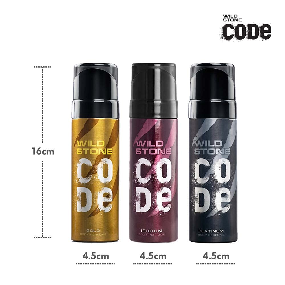 Wild Stone Code Gold, Iridium & Platinum No Gas Body Men Perfume 360ml 12.1 Fl.oz. Pack Of 3 | Best For Use Partywear Wild Stone Code Gold, Iridium & Platinum No Gas Body Men Perfume 360ml 12.1 Fl.oz. Pack Of 3 | Best For Use Partywear