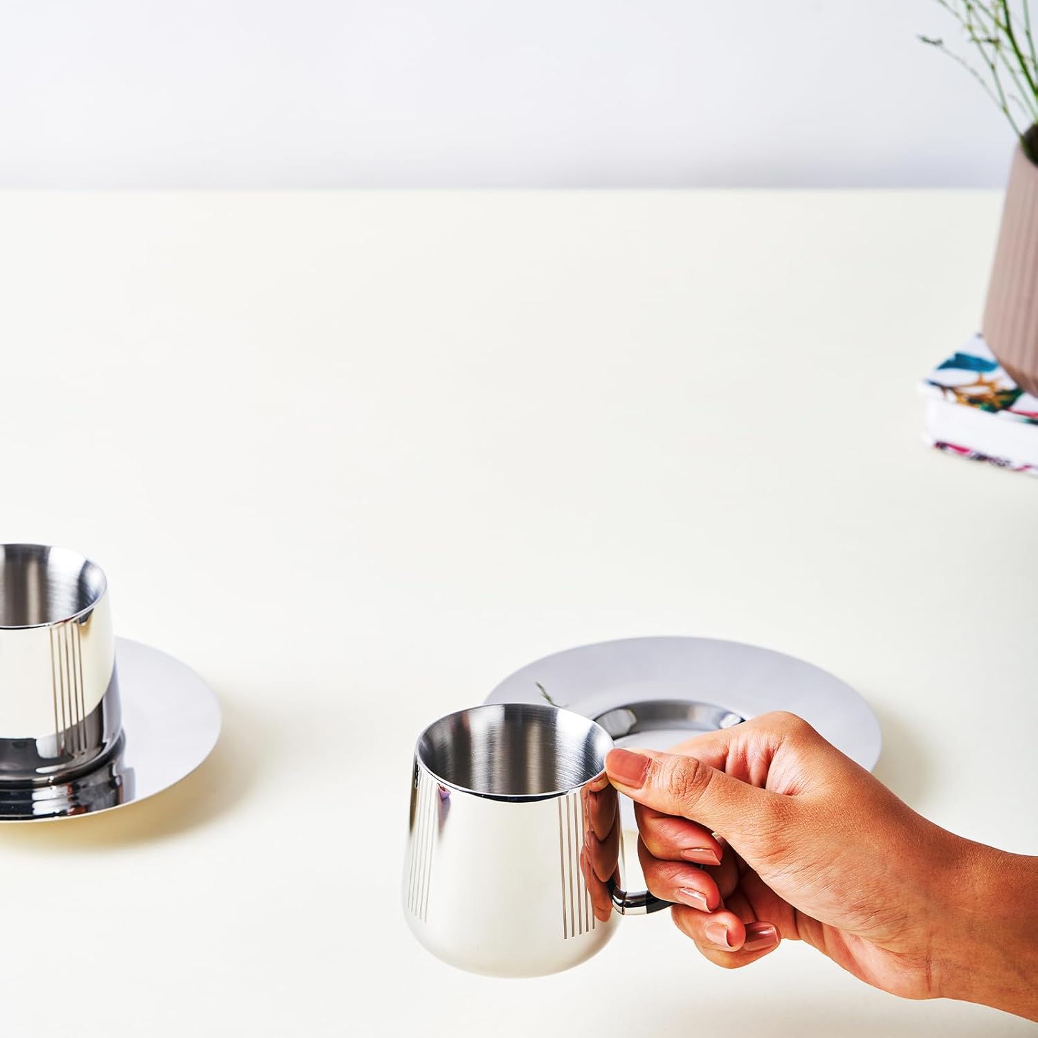 Designer Stainless Steel Fluted Cup & Saucer Set Of 2, Black & Chrome - Small, Deco Series | Double Walled Cup - Unbreakable Cups For Tea Coffee Mugs With Saucer | Serve Ware, Dinnerware & Tableware Designer Stainless Steel Fluted Cup & Saucer Set Of 2, Black & Chrome - Small, Deco Series | Double Walled Cup - Unbreakable Cups For Tea Coffee Mugs With Saucer | Serve Ware, Dinnerware & Tableware