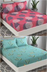Double Bedsheet With 4 Pillow Covers - 88 X 90 Inches, Pink & Sea Green | Soft Brushed Glace Cotton - Long Lasting & Wrinkle Free | Prime Combo Pack Of 2 Bedsheet