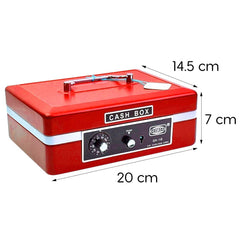 Imported Metal Cash Box With Dual Combination & Password Lock Medium Size Money Box For Cash, Jewellery Safe Locker With Removable Plastic Coin Tray, Colour - Red, Material - Metal
