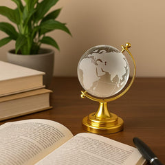 Luxury Crystal Globe With Golden Stand, For Desk Or Office Decor, Modern Decorative Glass Globe With Etched Continents (Gold & White) Medium, Pack Of 1