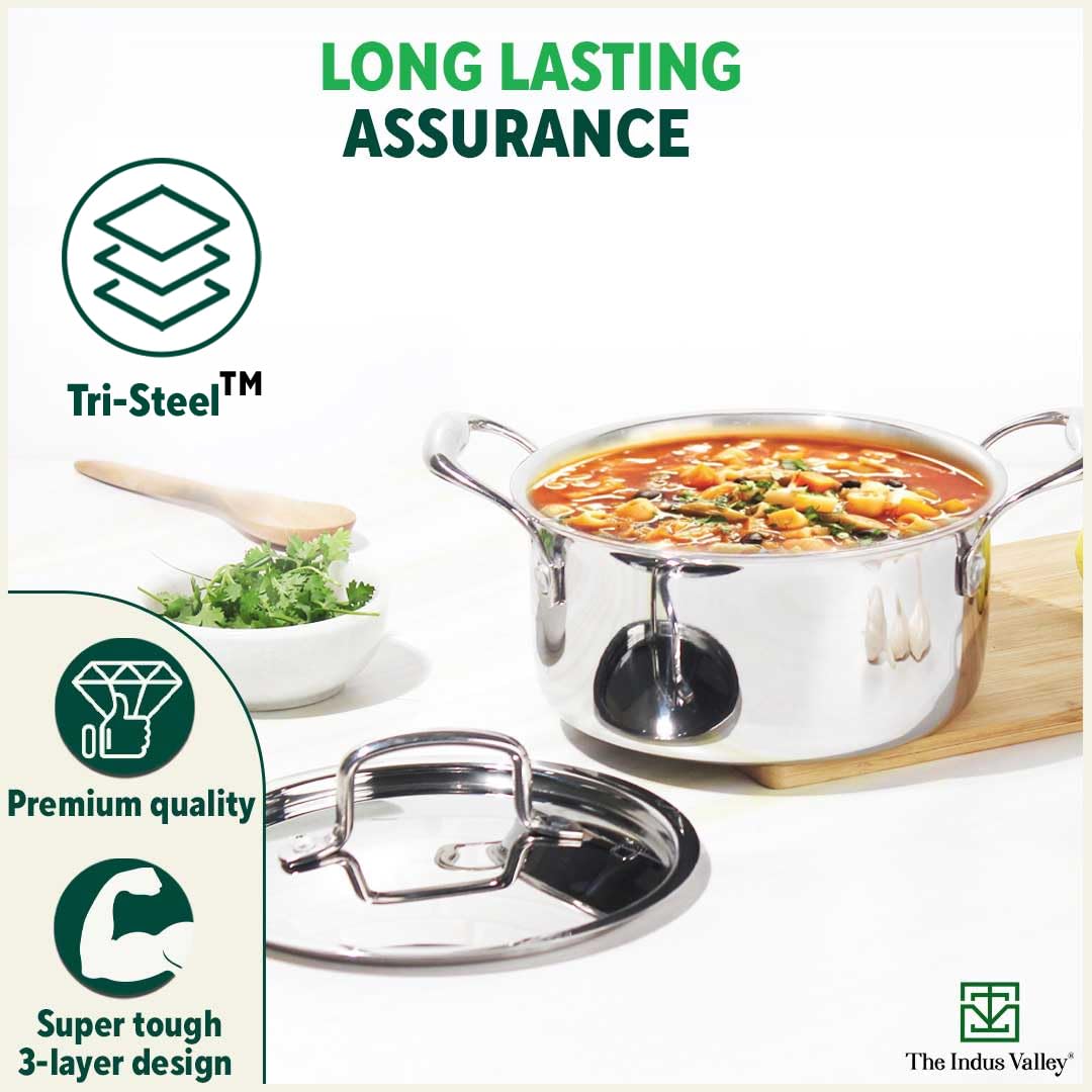 Triply Stainless Steel Stock Pot Or Casserole With Steel Lid | Very Small, 20cm, 7.8 Inch, 2.1 Liters, 1.3 Kg - Induction Friendly, Nonstick 3-Layer Body, 100% Pure & Toxin-Free Triply Stainless Steel Stock Pot Or Casserole With Steel Lid | Very Small, 20cm, 7.8 Inch, 2.1 Liters, 1.3 Kg - Induction Friendly, Nonstick 3-Layer Body, 100% Pure & Toxin-Free