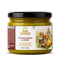Organic Ashwagandha A2 Desi Cow Ghee By God Choice Organic Farms | Herbal Desi Cow Ghee from Bilona Method Healthy Desi Ghee For Improves Digestion | (300ml) 10.1 Ounce | Jar Pack