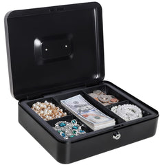Metal Cash Box With Money Tray & Key Lock, Money Box For Cash Saving, 11.8"X 9.5"X 3.5", Large, Colour - Black, Special Feature - Portable