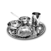 Stainless Steel Shagun Solid Dinner Set Of 6 Pcs, Silver | 1 Dinner Plate+ 1 Dinner Spoon+ 1 Glass+ 1 Bidding Bowl+ 1 Pudding Bowl+ 1 Halwa Plate