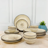 Iris Beige Handcrafted Ceramic Dinner Set - 18 Pieces | 6 Dinner Plates + 6 Katori Bowls, 180ml Each+ 6 Quarter Plates Dinnerware Set | Serving For 6, Microwave Safe & Dishwasher Safe