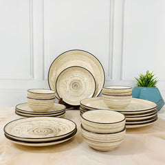 Iris Beige Handcrafted Ceramic Dinner Set - 18 Pieces | 6 Dinner Plates + 6 Katori Bowls, 180ml Each+ 6 Quarter Plates Dinnerware Set | Serving For 6, Microwave Safe & Dishwasher Safe