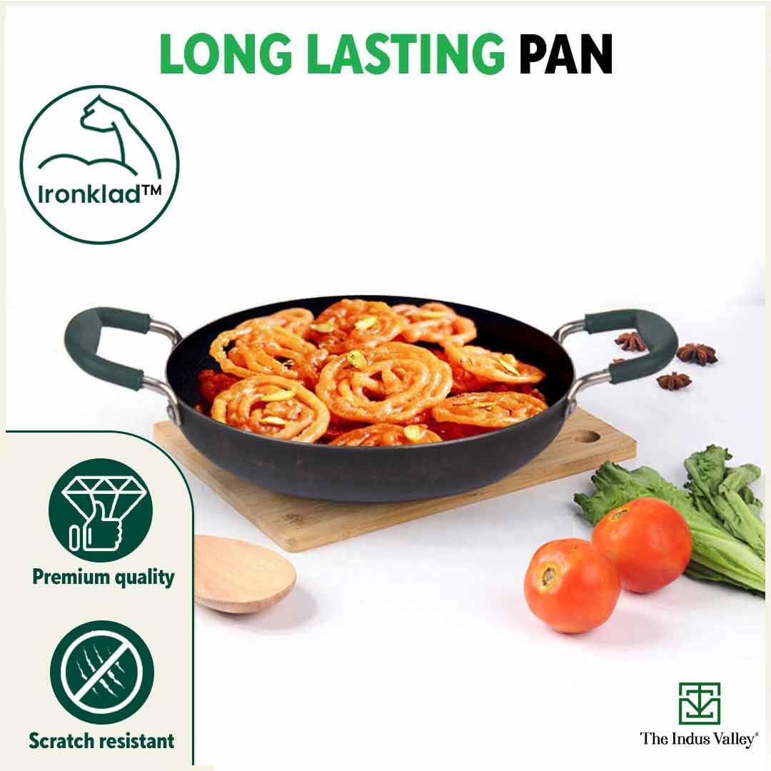 Pre-Seasoned Black Iron Jalebi Pan With Silicon Handle - Medium, 25.4cm, 10.6 Inch, 1.4 Ltr, 1 Kg | Induction Friendly, Pre-Seasoned Fry Pan, 100% Pure & Toxin-Free, No Chemical Coating Pre-Seasoned Black Iron Jalebi Pan With Silicon Handle - Medium, 25.4cm, 10.6 Inch, 1.4 Ltr, 1 Kg | Induction Friendly, Pre-Seasoned Fry Pan, 100% Pure & Toxin-Free, No Chemical Coating