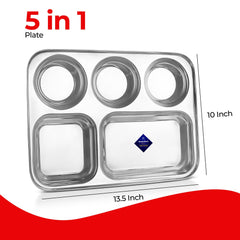 Silver Stainless Steel Square Dinner Partition Plate With 3-5 Sections Divided | Mess Trays For Adults Lunch, Pav Bhaji Plate, Camping, Events