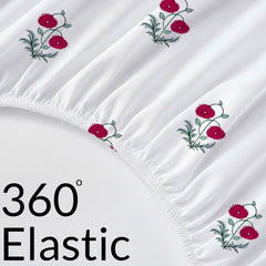 Printed Queen Size Elastic Fitted Bedsheet With 2 Pillow Covers - 78 X 72 Inches, White & Red | Perfect For Home Decor & Gifting