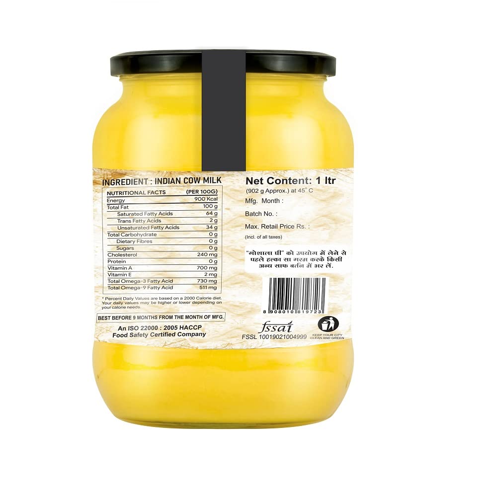 Pure Premium A2 Gir Cow'S Ghee By Goshala | Rich In Vitamin A & Healthy Nutrients Desi Ghee Perfect For Eyes | (1 Litr) 33.8 Ounce | Jar Pack Pure Premium A2 Gir Cow'S Ghee By Goshala | Rich In Vitamin A & Healthy Nutrients Desi Ghee Perfect For Eyes | (1 Litr) 33.8 Ounce | Jar Pack