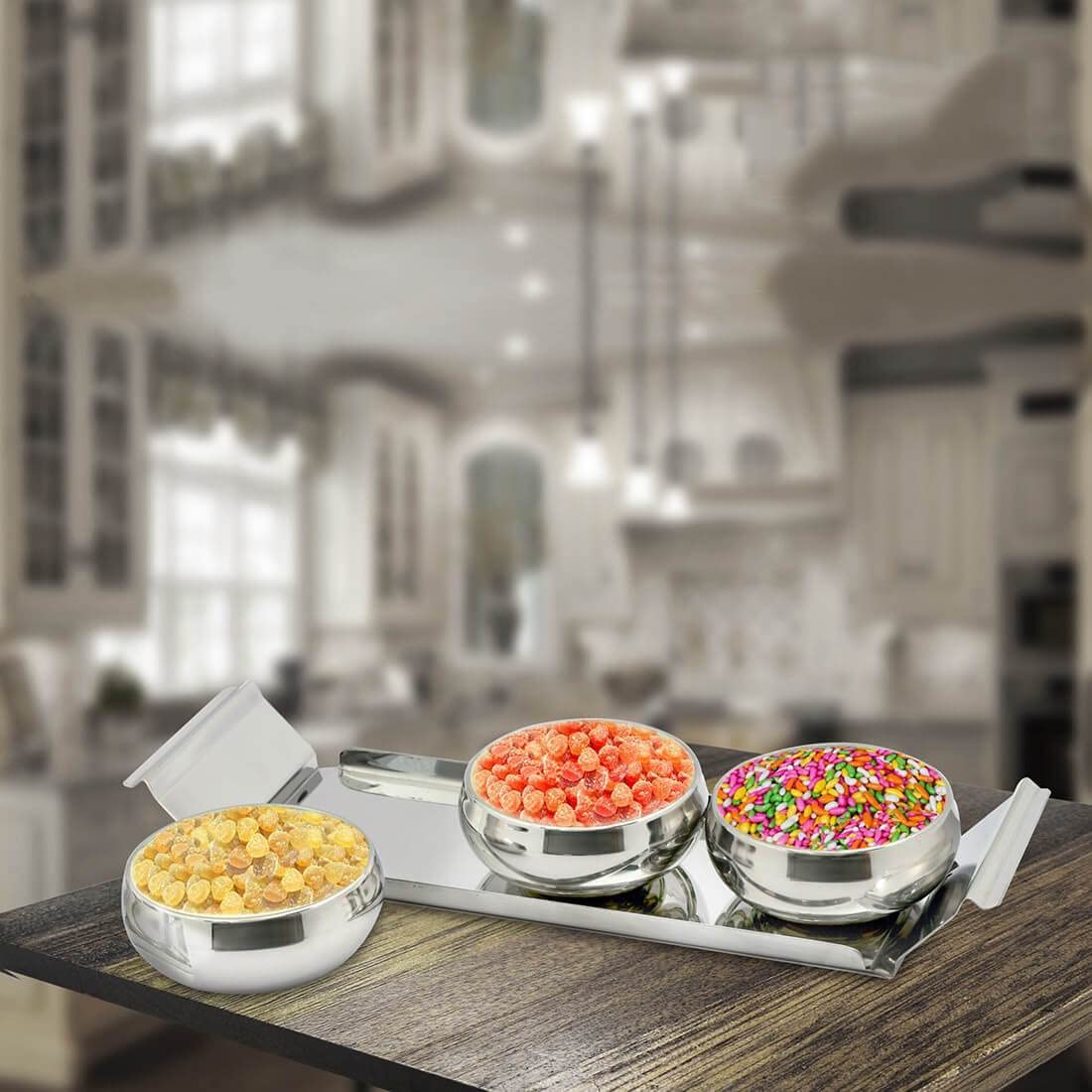 Stainless Steel Lunia Bowl Set With Tray - Silver | 3 Snack Bowl, 100ml Each + 1 Stainless Steel Tray Stainless Steel Lunia Bowl Set With Tray - Silver | 3 Snack Bowl, 100ml Each + 1 Stainless Steel Tray