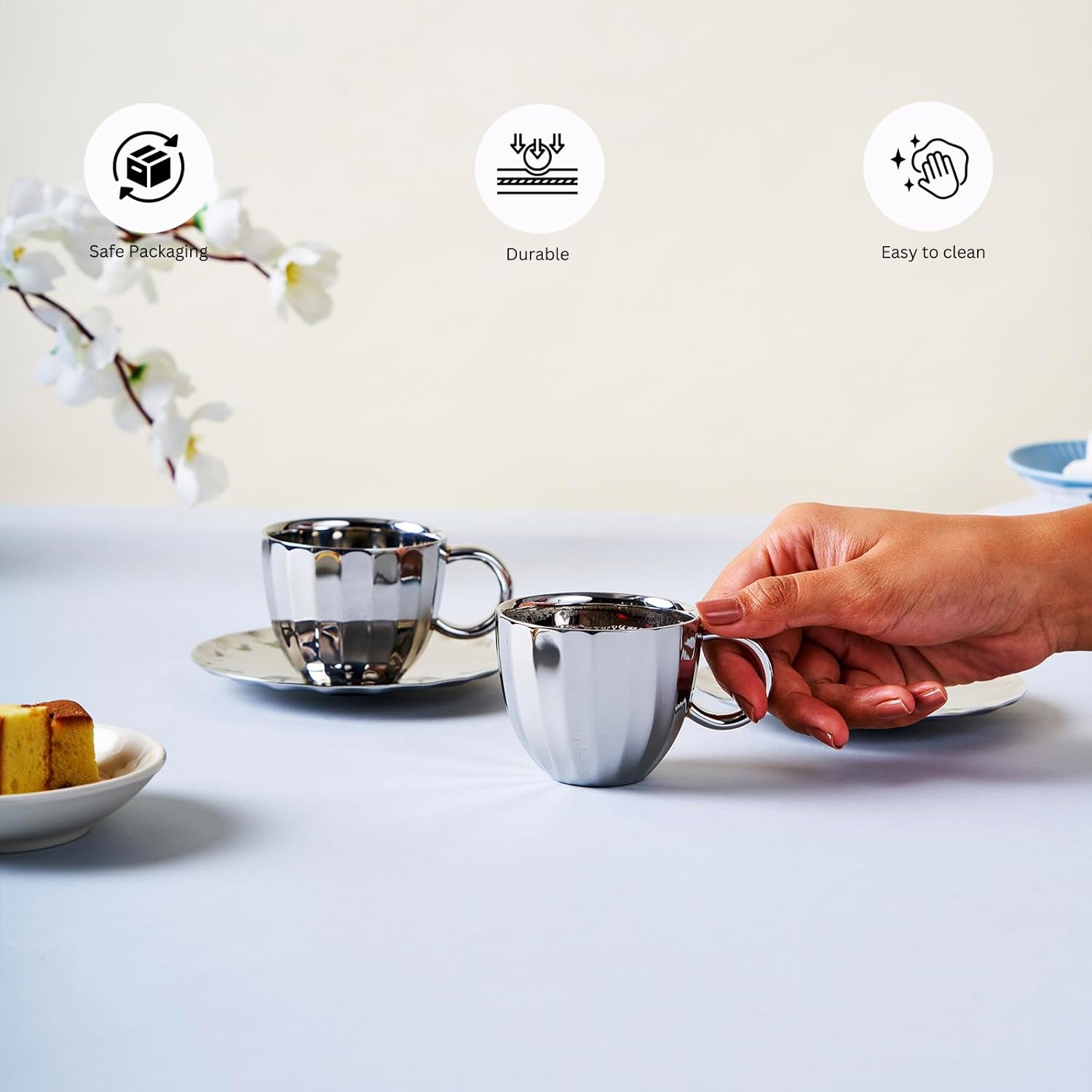 Designer Chrome Stainless Steel Cup - 120ml Each, Set Of 2 | Corporate Gifting For Diwali - Unbreakable Cups For Tea Chai Coffee Cups Mugs | Premium Serve Ware, Dinnerware & Tableware Designer Chrome Stainless Steel Cup - 120ml Each, Set Of 2 | Corporate Gifting For Diwali - Unbreakable Cups For Tea Chai Coffee Cups Mugs | Premium Serve Ware, Dinnerware & Tableware