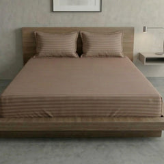 Beige Stripe Elastic Fitted Double Bedsheet (72x78 Inches) With 2 Pillow Covers | Soft To Touch & Comfortable | 300 Thread Count