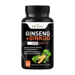 Mexmy Feel Eighteen Triple Korean Panax Ginseng + Ginkgo Biloba Supplement Capsules For Energy, Memory & Peak Performance | Cognitive Support, Mental Clarity & Stamina | 60 Capsules 100gm 0.2lbs