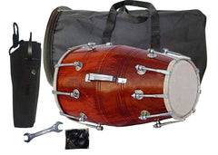 Wooden Musical Dholak Instrument Drum Nuts & Bolt With Kit Carry Bag - Brown | Perfectly Symmetric Round Dholak - Dholak For Festival, Wedding, Satsang | Very Easy To Tune