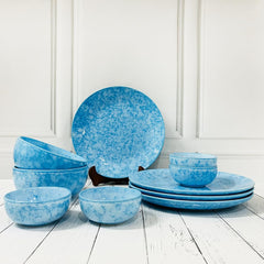Neelam Handcrafted Ceramic Dinner Set - 10 Pieces, Blue | 4 Dinner Plates + 4 Katori Bowls, 180ml Each+ 2 Serving Bowls, 800ml Each Dinnerware Set | Serving For 4, Microwave Safe & Dishwasher Safe