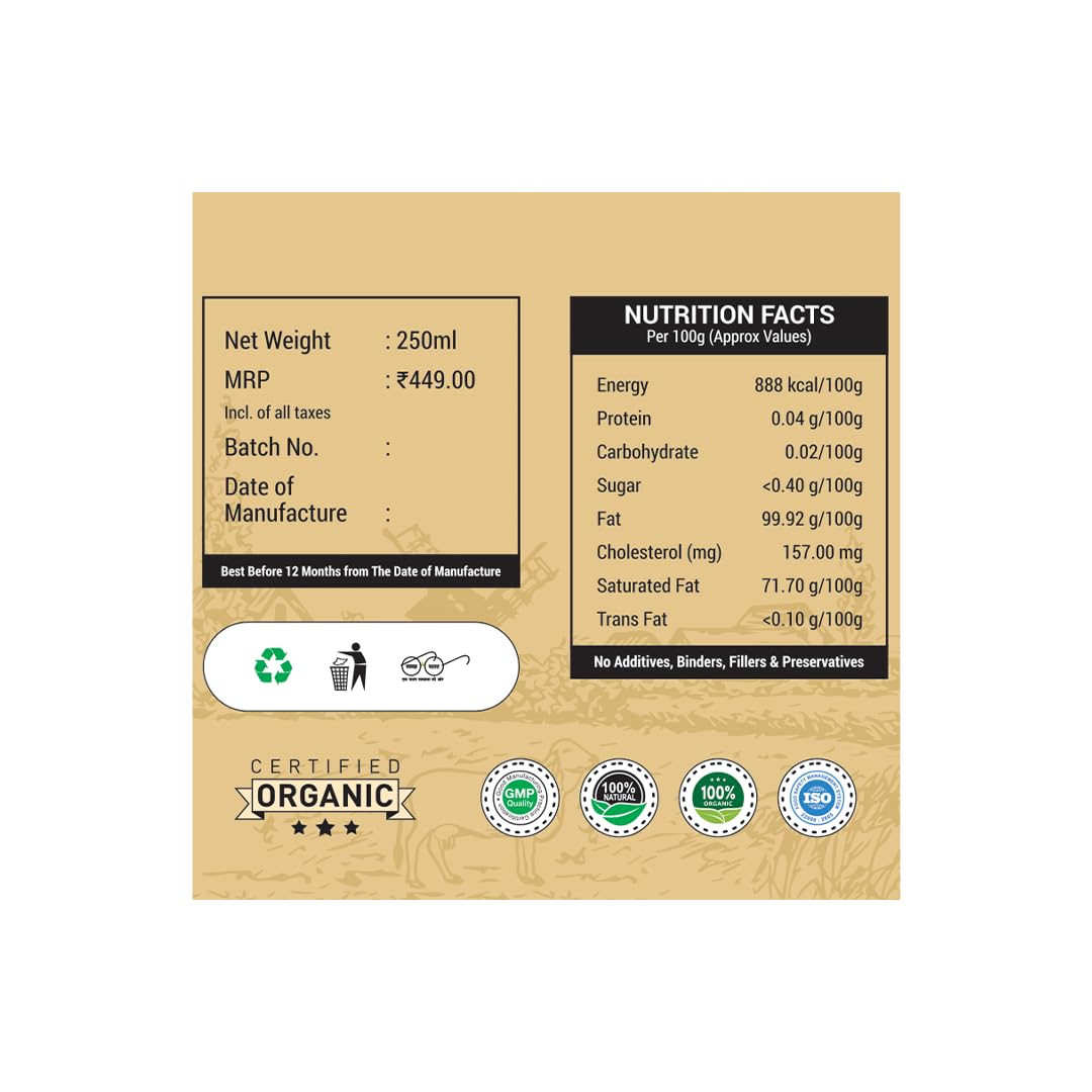 Organic Cow Ghee By Gau Organics | Natural Hand Made Curd Churned Desi Cow Ghee Good For Brain Health | (250ml) 8.4 Ounce | Tin Pack Organic Cow Ghee By Gau Organics | Natural Hand Made Curd Churned Desi Cow Ghee Good For Brain Health | (250ml) 8.4 Ounce | Tin Pack