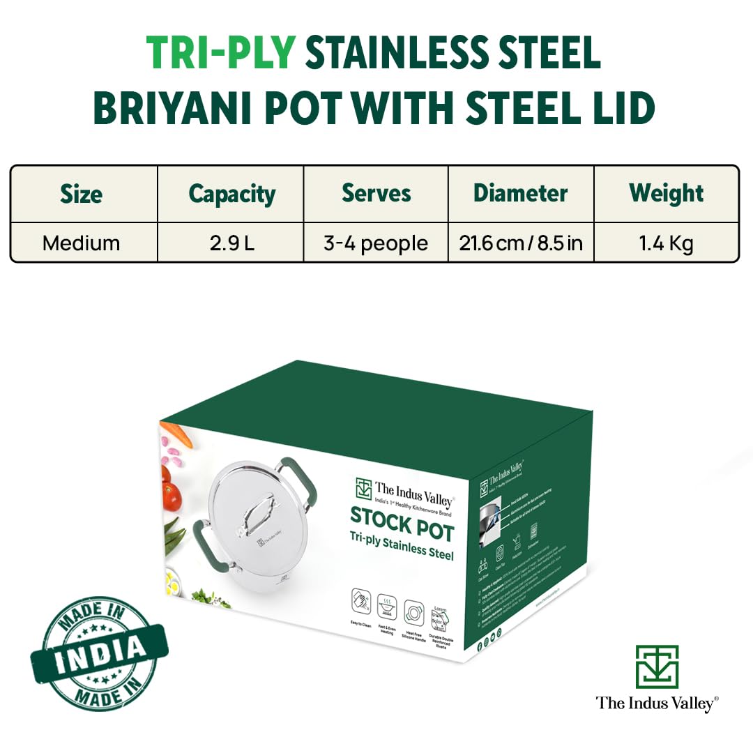 Triply Stainless Steel Stock Pot Or Biryani Pot Or Casserole With Free Wooden Spatula | Medium, 21.6cm, 8.5 Inch, 2.9 Liter, 1.4 Kg - Induction Friendly, Non-Stick 3-Layer Body, 100% Toxin-Free Triply Stainless Steel Stock Pot Or Biryani Pot Or Casserole With Free Wooden Spatula | Medium, 21.6cm, 8.5 Inch, 2.9 Liter, 1.4 Kg - Induction Friendly, Non-Stick 3-Layer Body, 100% Toxin-Free
