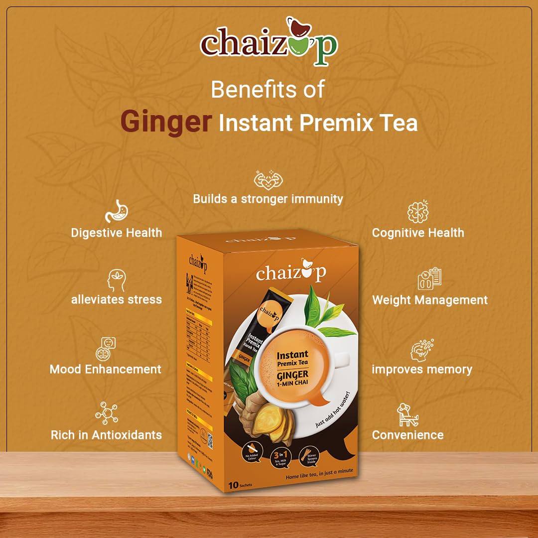 Chaizup Premium 1 Min Instant Ginger Tea Premix - Pack Of 2 X 140gm, 4.9 Ounce Each, 20 Sachets | Just Add Hot Water - Assam Adrak Chai Powder | Low Caffeine, No Added Color - Home Like Tea Chaizup Premium 1 Min Instant Ginger Tea Premix - Pack Of 2 X 140gm, 4.9 Ounce Each, 20 Sachets | Just Add Hot Water - Assam Adrak Chai Powder | Low Caffeine, No Added Color - Home Like Tea