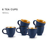 Ceramic Royal Tea Cups Set Of 6 - Midnight Blue, 180ml Each | Premium Stoneware Tea Set With Glossy Finish - Ceramic Tea Cup | Small Cups For Tea - Microwave Safe & Dishwasher Safe