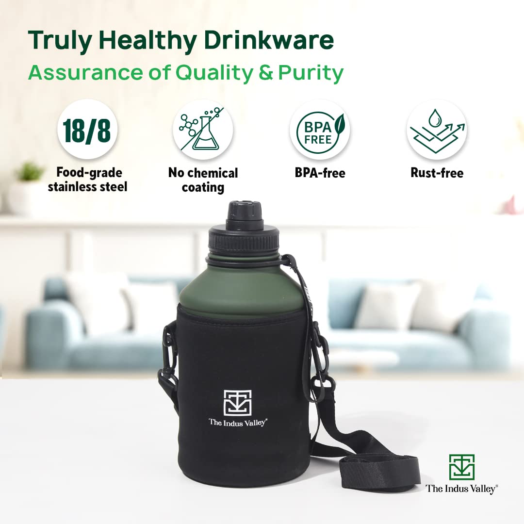 Stainless Steel Water Bottle For School, Outdoor, Gym, Home, Office With Sleeve Bag | Green, 10.6 Inch, 2.2 Liters - Durable, Leak Proof, BPA-Free Stainless Steel Water Bottle For School, Outdoor, Gym, Home, Office With Sleeve Bag | Green, 10.6 Inch, 2.2 Liters - Durable, Leak Proof, BPA-Free