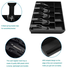Cash Money Tray Replacement - 5 Bill, 4 Coin Drawer Insert Plastic Cash Register Organizer Tray With Clip - 15.9 X 9.6 X 1.38 Inch Cash Drawer Box For Petty Cash With Coin Slots, Colour - Black