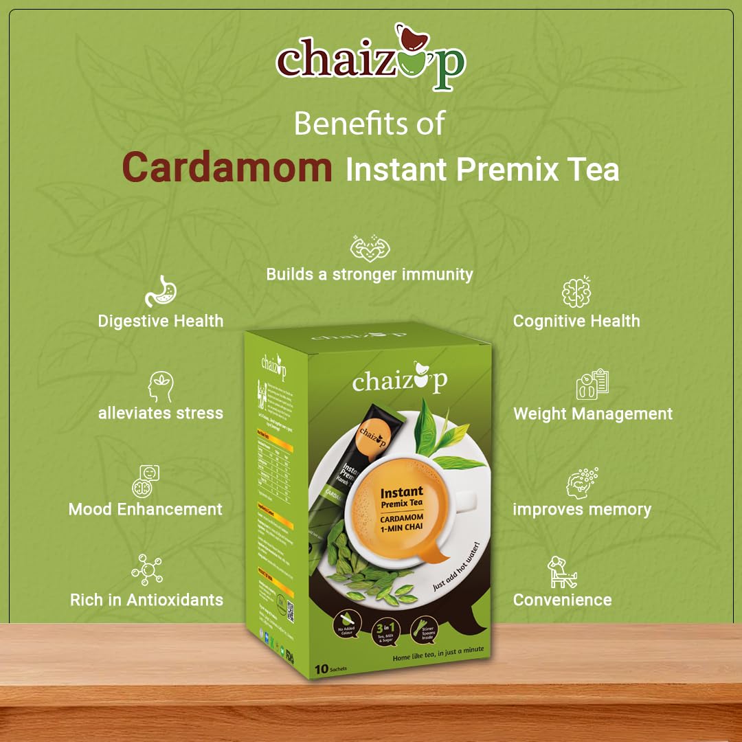 Chaizup Premium 1 Min Instant Cardamom Tea Premix - Pack Of 3 X 140gm, 4.9 Ounce Each, 30 Sachets | Just Add Hot Water - Assam Elaichi Chai Powder | Low Caffeine Home Like Tea Chaizup Premium 1 Min Instant Cardamom Tea Premix - Pack Of 3 X 140gm, 4.9 Ounce Each, 30 Sachets | Just Add Hot Water - Assam Elaichi Chai Powder | Low Caffeine Home Like Tea