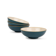 Ceramic Bowl Set Of 4 Pieces For Snacks - 13cm, Teal Ivory | Dessert Bowl With Glossy Finish - Premium Stoneware | Microwave Safe Halwa Plates