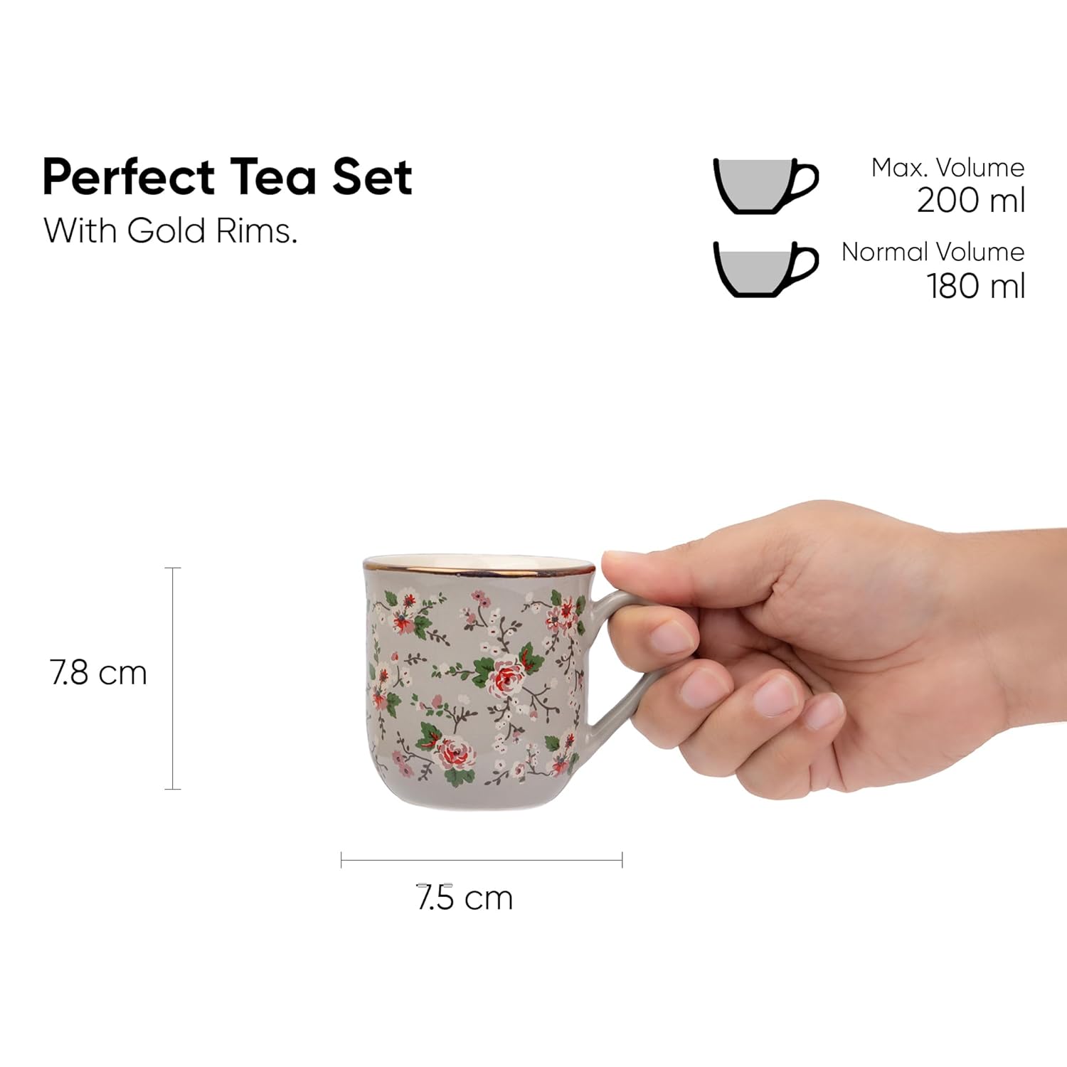 Ceramic Floral Tea Cups Set Of 6 - Grey Floral, 180ml Each | Tea Cup Set Of 6 - Premium Stoneware Tea Set | Ceramic Tea Cup With Glossy Finish - Small Cups For Tea | Microwave Safe & Dishwasher Safe Ceramic Floral Tea Cups Set Of 6 - Grey Floral, 180ml Each | Tea Cup Set Of 6 - Premium Stoneware Tea Set | Ceramic Tea Cup With Glossy Finish - Small Cups For Tea | Microwave Safe & Dishwasher Safe