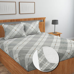 Pure Cotton Full Elastic Fitted Bedsheets For Double King Size Bed With 2 Pillow Covers | 72x78+10 Inches, White & Grey | Super Soft Brushed Glace | Breathable & Wrinkle Free