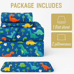 Kids King Size Bedsheet With 2 Pillow Covers - 108 X 108 Inches, Blue | Fun Dinosaur Print - Wrinkle-Free, Comfortable Bedding For Boys & Girls