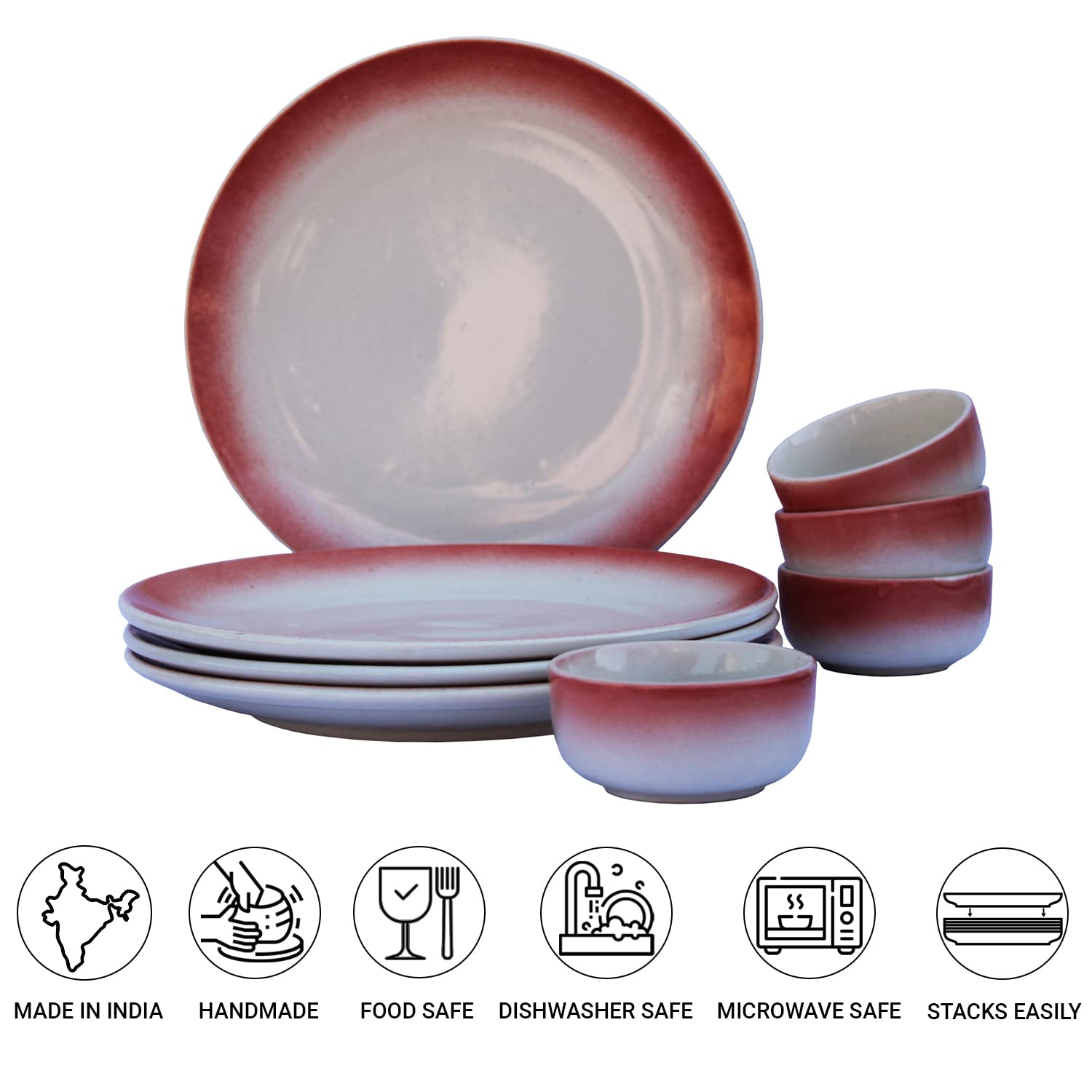 Handcrafted Ceramic Stoneware Dinner Set Of 4 - Ceramic Pack Of 8 Pcs, Red & Off White | 4 Dinner Plates + 4 Bowl Or Katori, 180ml Each - Microwave & Dishwasher Safe | Serving For 4 Handcrafted Ceramic Stoneware Dinner Set Of 4 - Ceramic Pack Of 8 Pcs, Red & Off White | 4 Dinner Plates + 4 Bowl Or Katori, 180ml Each - Microwave & Dishwasher Safe | Serving For 4