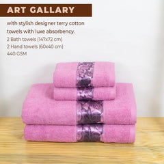 Rangoli 100% Cotton Fibre 2 Hand & 2 Bath Towels 1400 Gsm | Highly Durable & Absorbent With Printed Border | Quick Drying Towels (Pink) - Pack Of 4