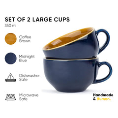 Large Ceramic Coffee Cup Set Of 2 - Midnight Blue, 350ml Each | Cappuccino Cup With Glossy Finish - Large Ceramic Coffee Cup | Premium Stoneware Coffee Cup - Microwave Safe, XL Cuppa