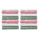 Mush 100% Bamboo Face Towel 2400 Gsm | Ultra Soft, Absorbent, Quick Dry Towels For Facewash, Gym, Pool, Sports, & Travel - Green, Pink & White (Pack Of 12)