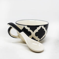 Black Moroccan Hand Painted Handled Ceramic Soup Bowls With Spoons Set Of 2, 300ml Each | Ceramic Soup Cups - 2 Pieces, Microwave Safe & Dishwasher Safe
