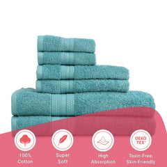 Livspace 100% Cotton 2 Bath, 2 Hand & 2 Face Towel 1300 Gsm | Solid Dyed Super Soft Absorbent & Quick-Dry For Gym & Home Paleto Collection Towel (Teal)- Set Of 6