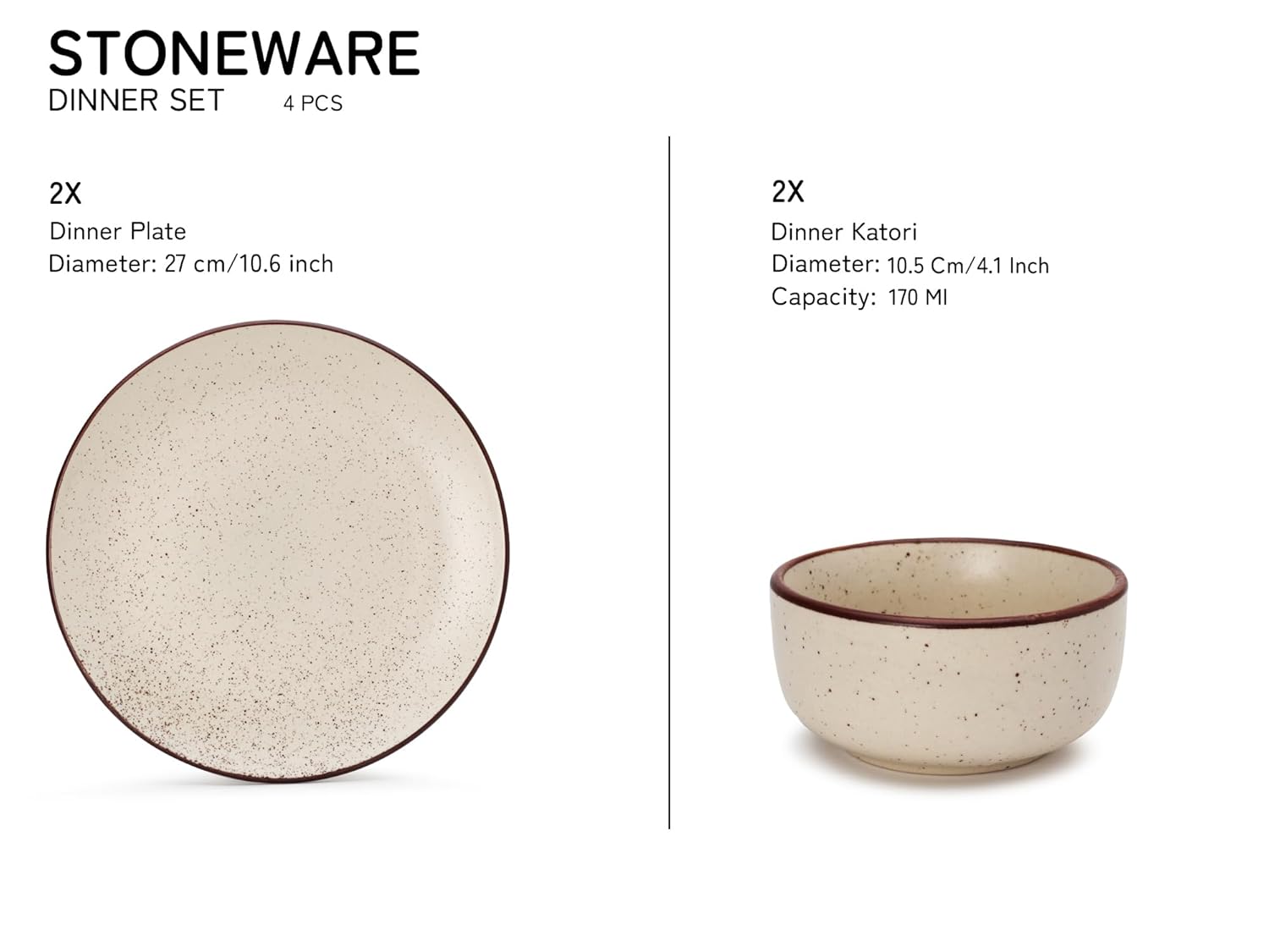 Handcrafted Ceramic Dinner Set - Pack Of 4, Beige Speckle | 2 Dinner Plates + 2 Dinner Katori, 170ml Each - Scratch Resistant, Microwave & Dishwasher Safe Handcrafted Ceramic Dinner Set - Pack Of 4, Beige Speckle | 2 Dinner Plates + 2 Dinner Katori, 170ml Each - Scratch Resistant, Microwave & Dishwasher Safe